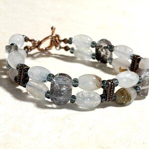 Genuine Ghost Crystal & Quartz Beaded Bracelet, Natural Gemstone & Copper Clasp